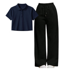 Navy Blue Crop Polo With Black Straight Leg Trouser