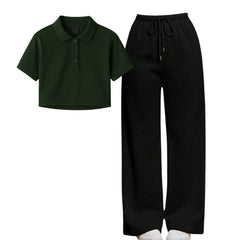 Dark Green Crop Polo With Black Straight Leg Trouser
