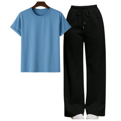 Sky Blue Regular Tee With Black Straight Leg Trouser