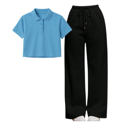 Sky Blue Crop Polo With Black Straight Leg Trouser