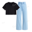 Iceblue Wide Leg Jeans With Crop V-Neck T-Shirt