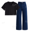 Darkblue Wide Leg Jeans With Crop V-Neck T-Shirt