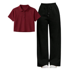 Maroon Crop Polo With Black Straight Leg Trouser