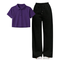Purple Crop Polo With Black Straight Leg Trouser