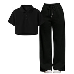 Black Crop Polo With Black Straight Leg Trouser
