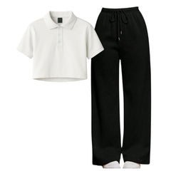 White Crop Polo With Black Straight Leg Trouser