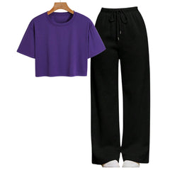 Purple Crop Tee With Black Straight Leg Trouser