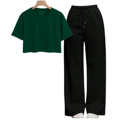 Dark Green Crop Tee With Black Straight Leg Trouser
