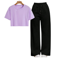 Lilac Crop Tee With Black Straight Leg Trouser