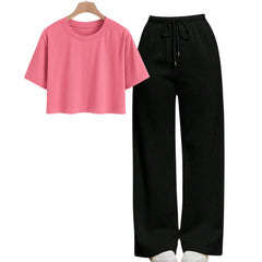 Pink Crop Tee With Black Straight Leg Trouser