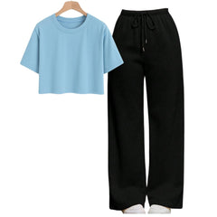 Sky Blue Crop Tee With Black Straight Leg Trouser