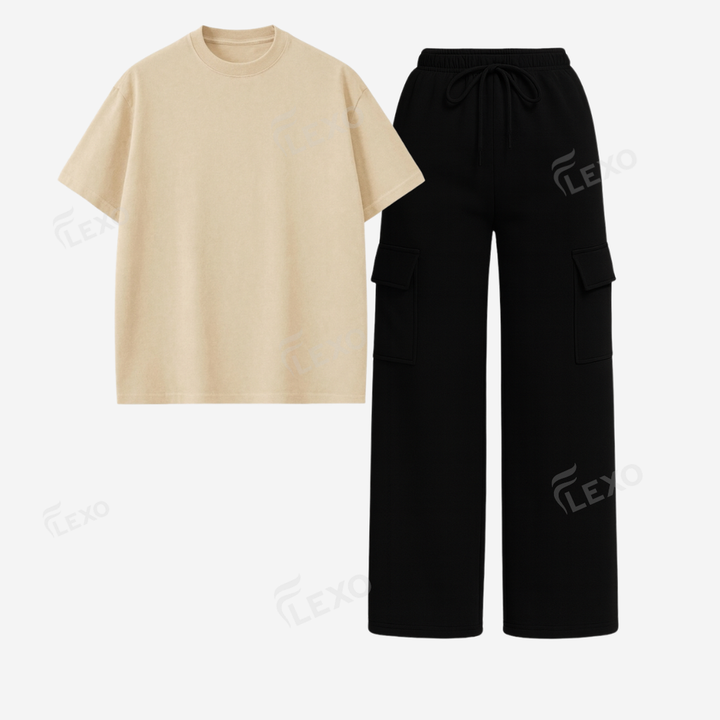 Black Cargo With Oversized Drop Shoulder T-Shirt