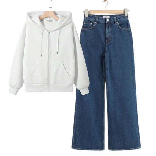 White  Zipper With Dark Blue Baggy Jeans