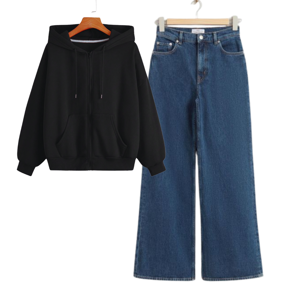 Black Zipper With Dark Blue Baggy Jeans