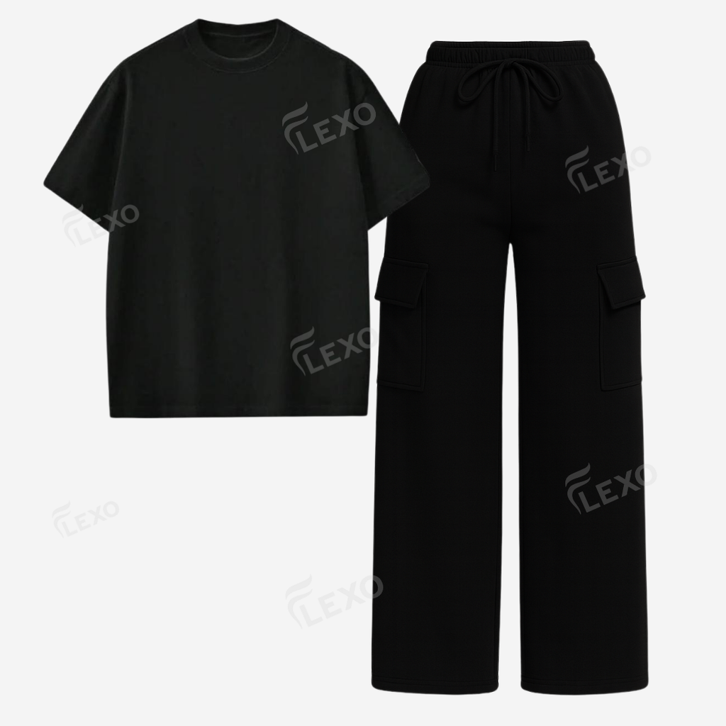 Black Cargo With Oversized Drop Shoulder T-Shirt