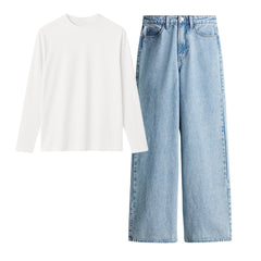 White Full Sleeves Tee With Ice Blue Jeans