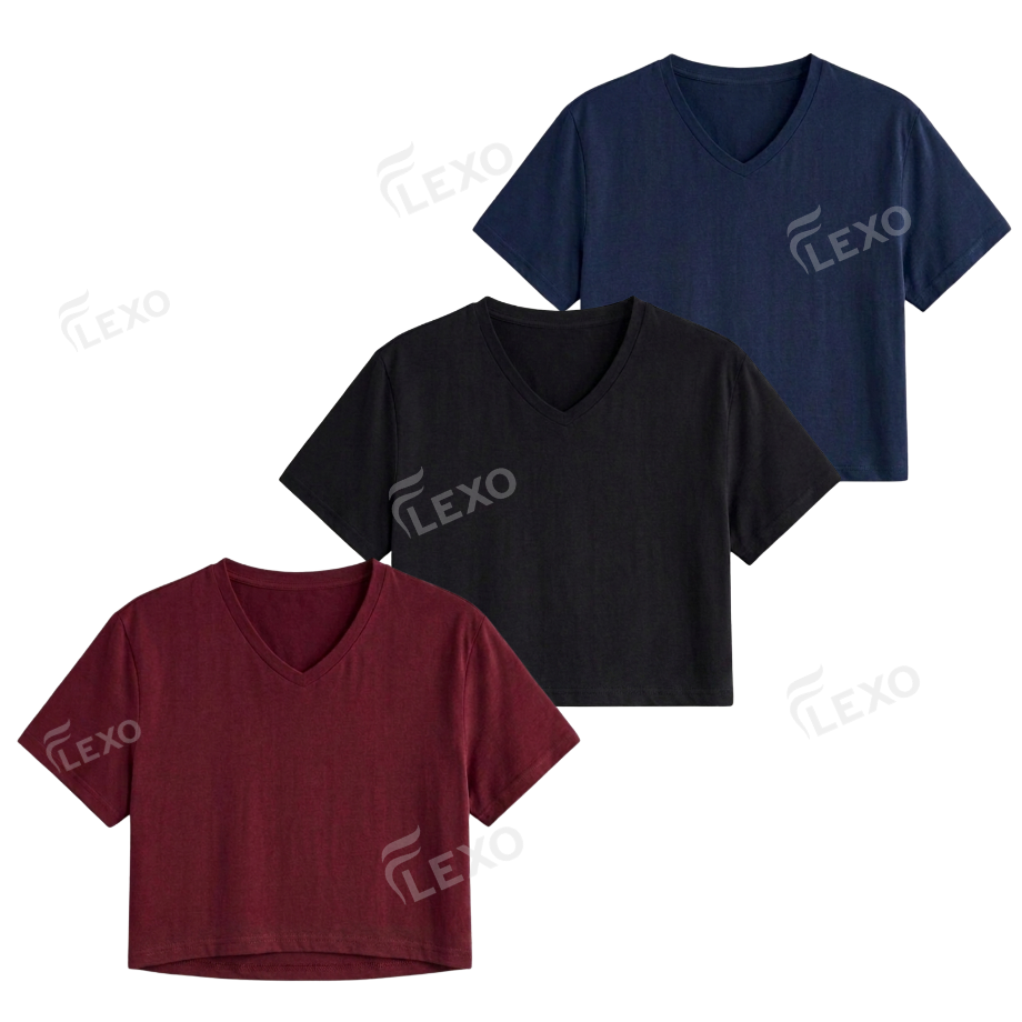 Pack Of 3 Crop V-Neck T-Shirt