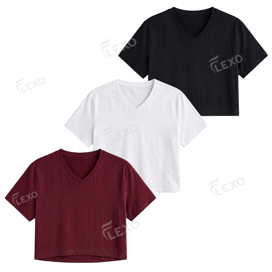 Pack Of 3 Crop V-Neck T-Shirt