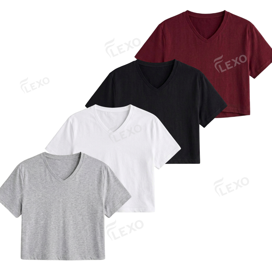 Pack Of 4 Crop V-Neck T-Shirt
