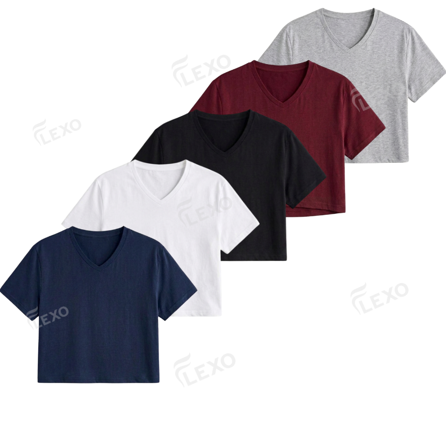 Pack Of 5 Crop V-Neck T-Shirt