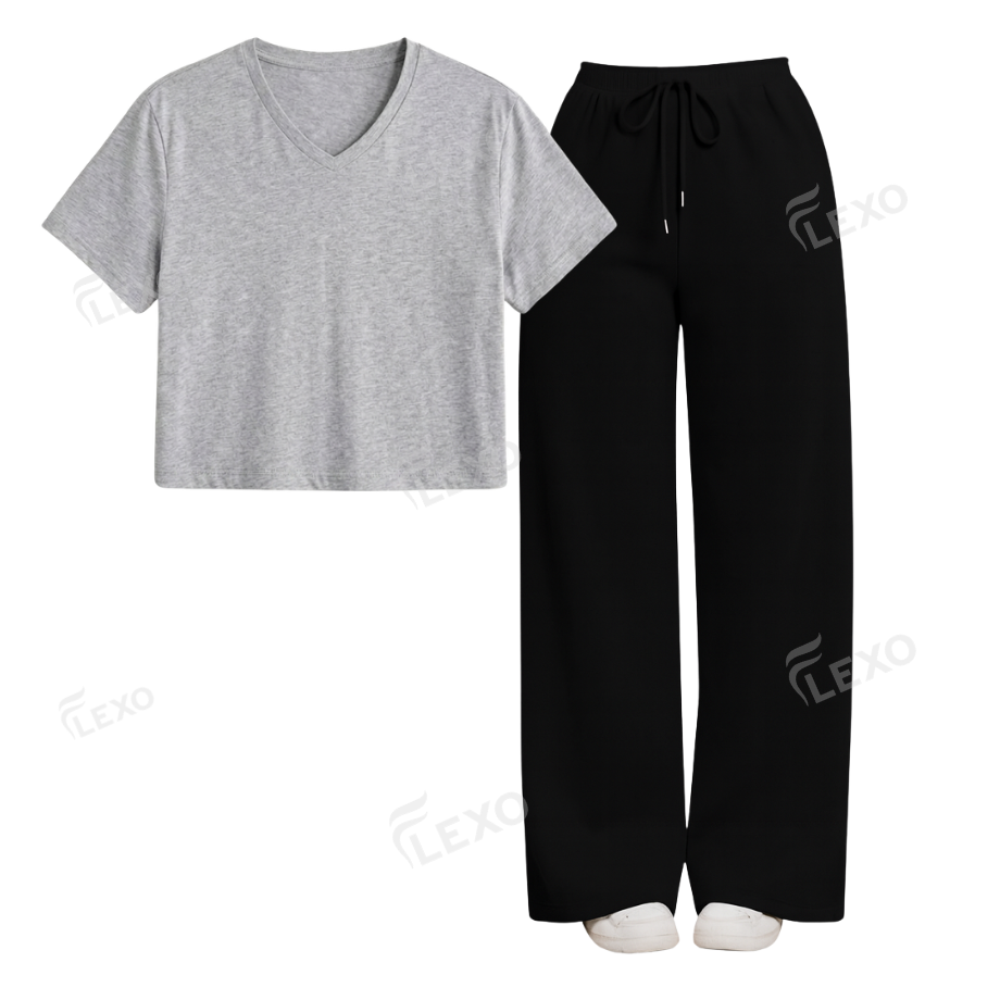 Black Flapper With Crop V-Neck T-Shirt