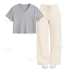 Cream Flapper With Crop V-Neck T-Shirt