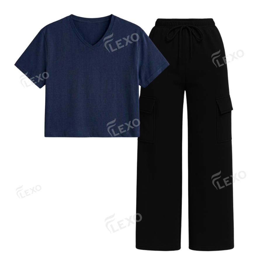 Black Cargo With Crop V-Neck T-Shirt