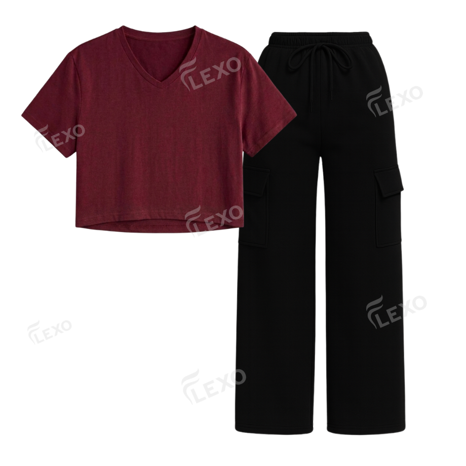 Black Cargo With Crop V-Neck T-Shirt
