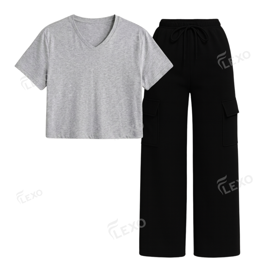 Black Cargo With Crop V-Neck T-Shirt