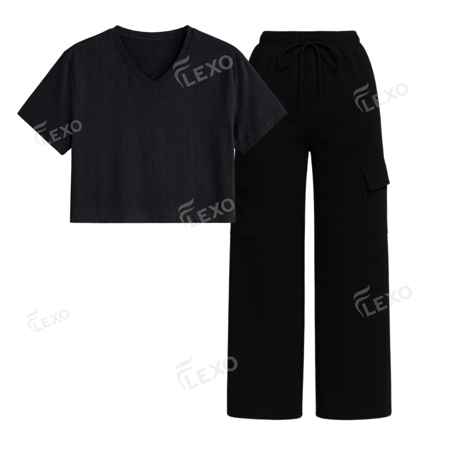 Black Cargo With Crop V-Neck T-Shirt