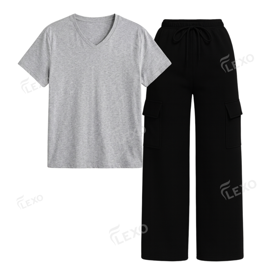 Black Cargo With V-Neck T-Shirt