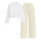 Cream Cargo With Crop Full Sleeves T-Shirt