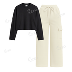 Cream Cargo With Crop Full Sleeves T-Shirt