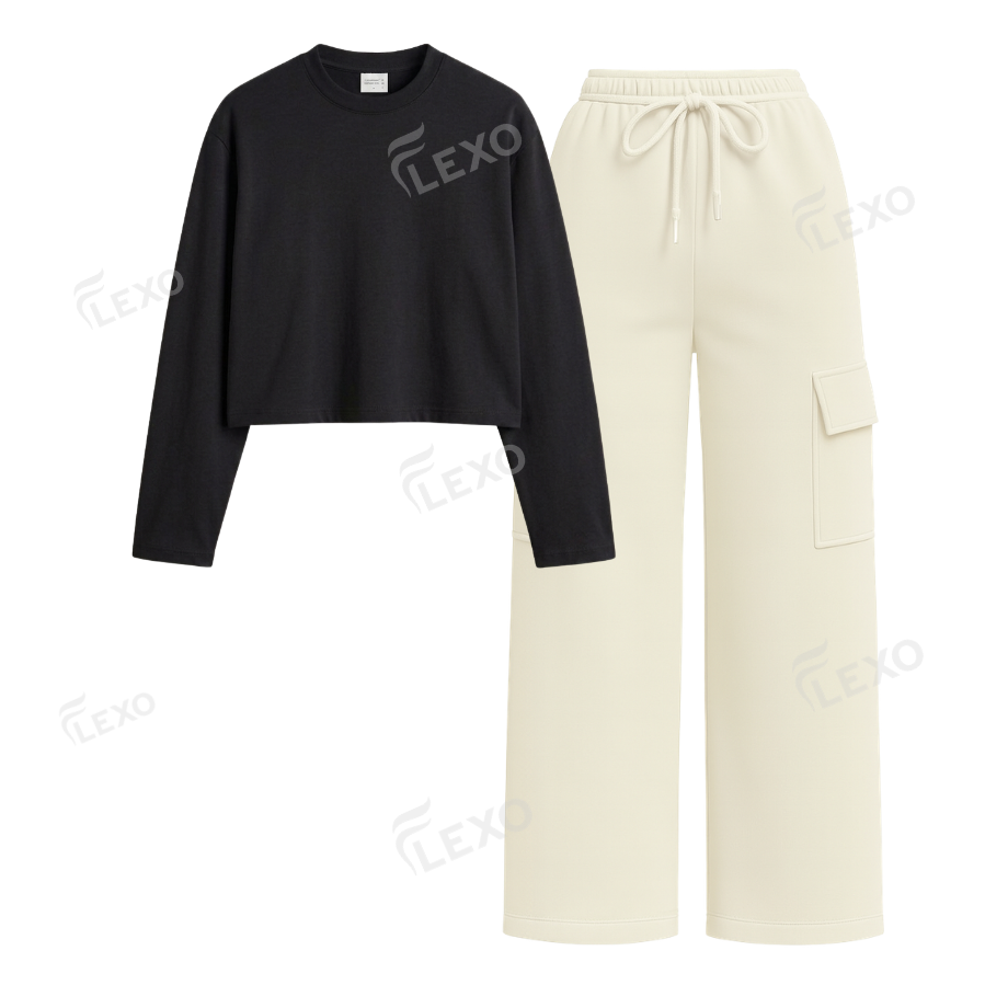 Cream Cargo With Crop Full Sleeves T-Shirt