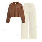 Cream Cargo With Crop Full Sleeves T-Shirt