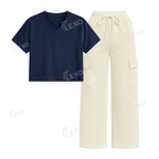 Cream Cargo With Crop V-Neck T-Shirt