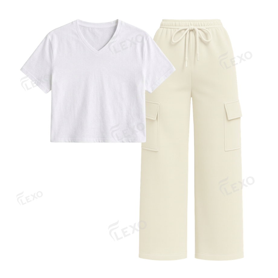 Cream Cargo With Crop V-Neck T-Shirt