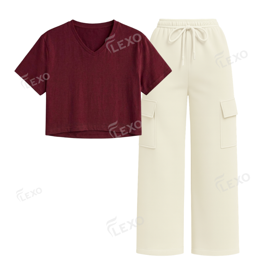 Cream Cargo With Crop V-Neck T-Shirt
