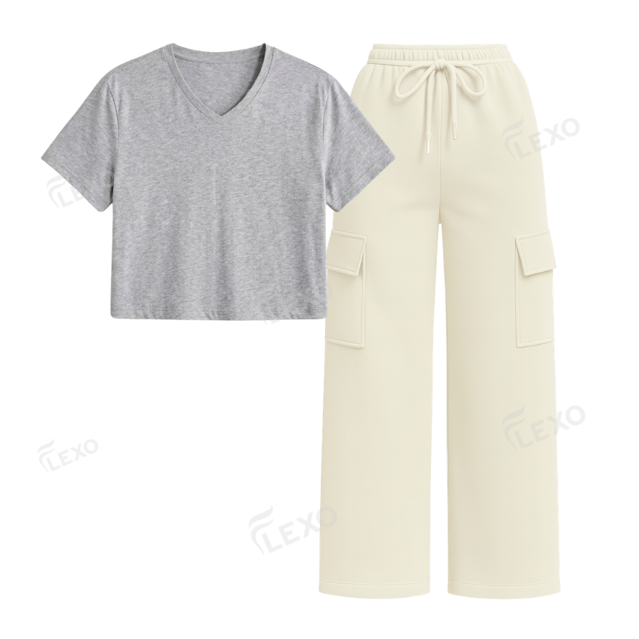 Cream Cargo With Crop V-Neck T-Shirt