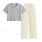 Cream Cargo With Crop V-Neck T-Shirt