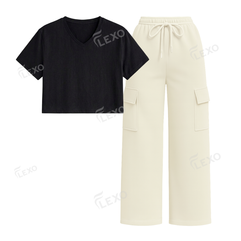 Cream Cargo With Crop V-Neck T-Shirt