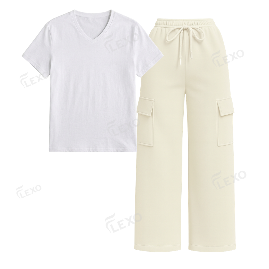Cream Cargo With V-Neck T-Shirt