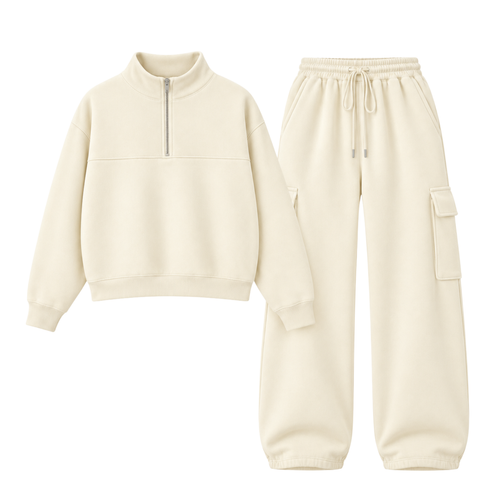 Cream Straight Leg Cargo With Oversized Mockneck Sweatshirt