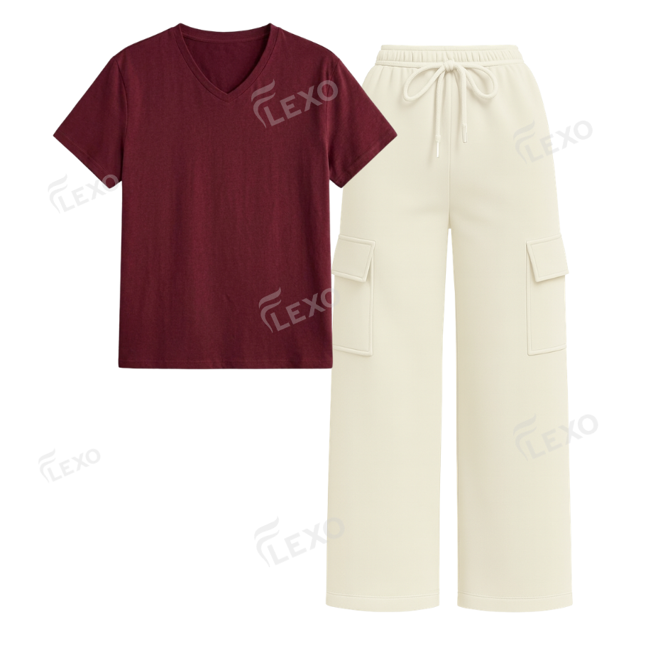Cream Cargo With V-Neck T-Shirt