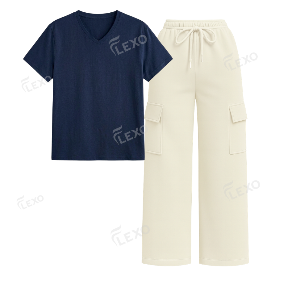 Cream Cargo With V-Neck T-Shirt