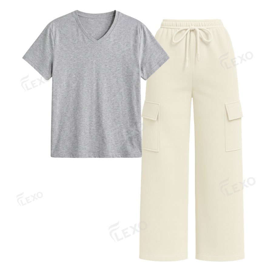 Cream Cargo With V-Neck T-Shirt