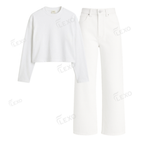 White Wide Leg Jeans With Crop Full Sleeves T-Shirt