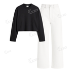 White Wide Leg Jeans With Crop Full Sleeves T-Shirt