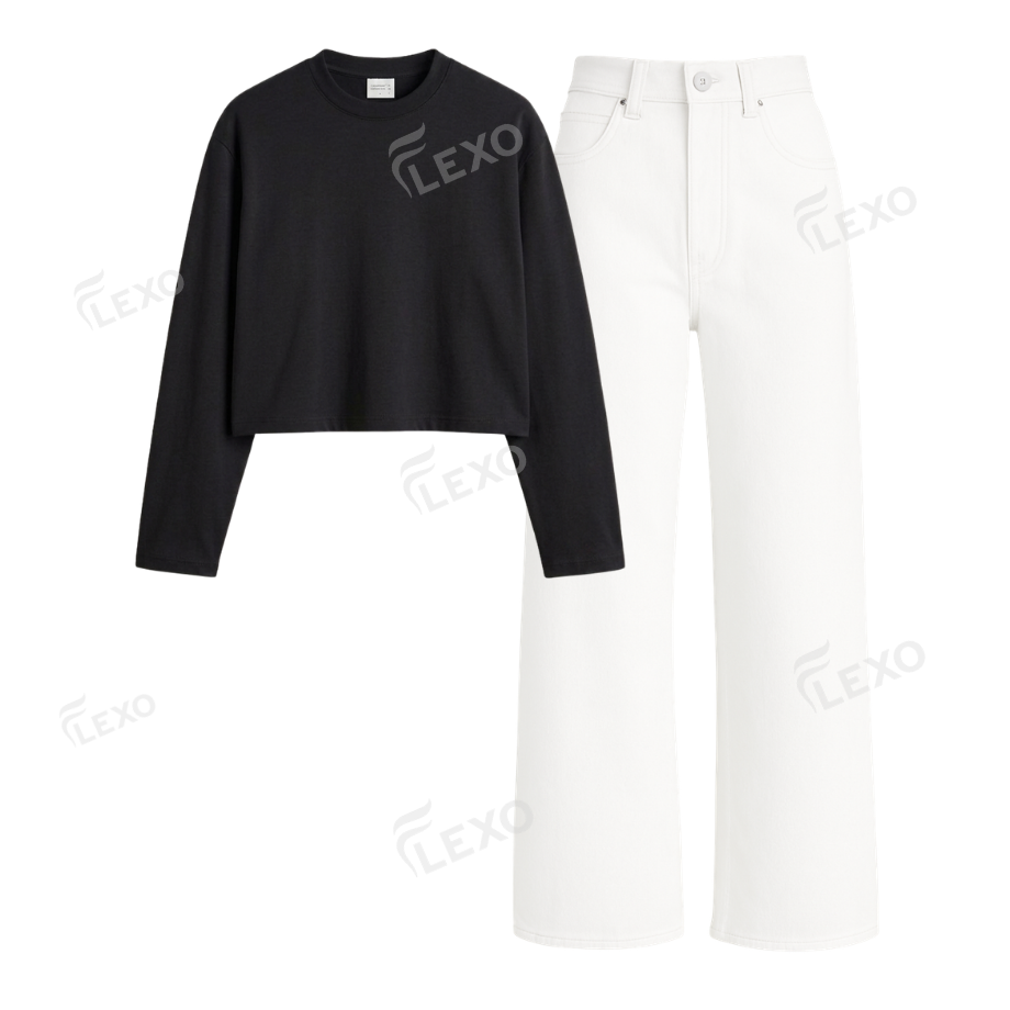 White Wide Leg Jeans With Crop Full Sleeves T-Shirt