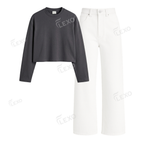 White Wide Leg Jeans With Crop Full Sleeves T-Shirt